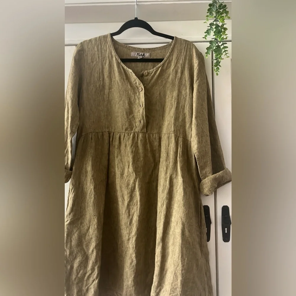 FLAX GREEN LONG SLEEVE BABY DOLL DRESS TO CUTE nwot P - Picture 2 of 5